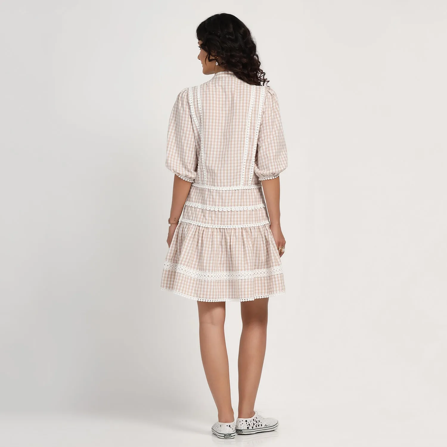Beige Check Short Dress With Laces