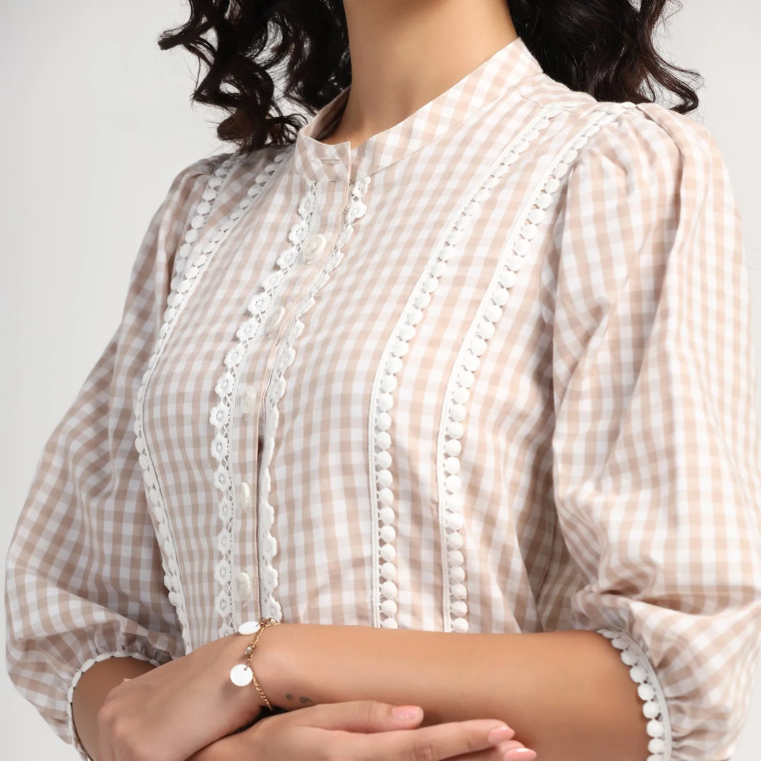 Beige Check Short Dress With Laces