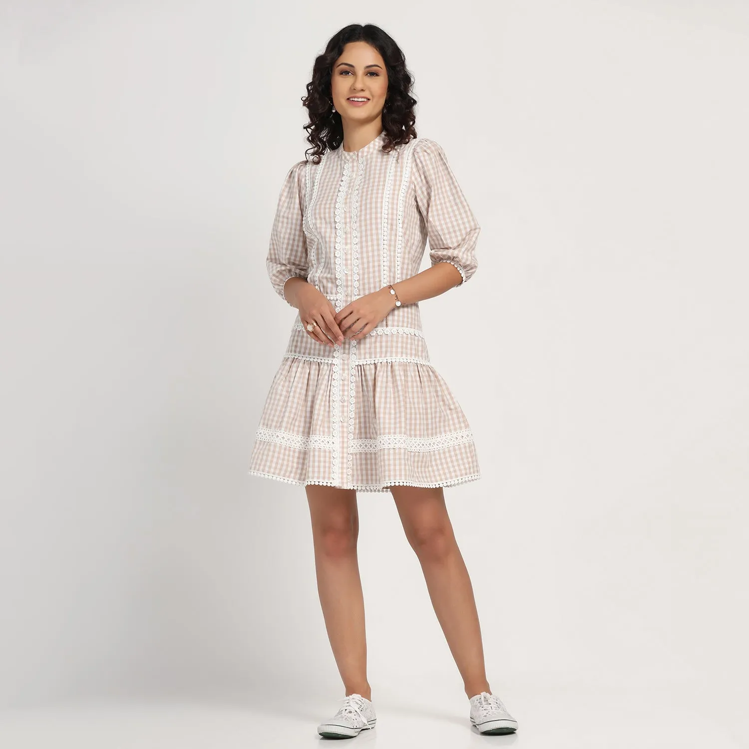 Beige Check Short Dress With Laces