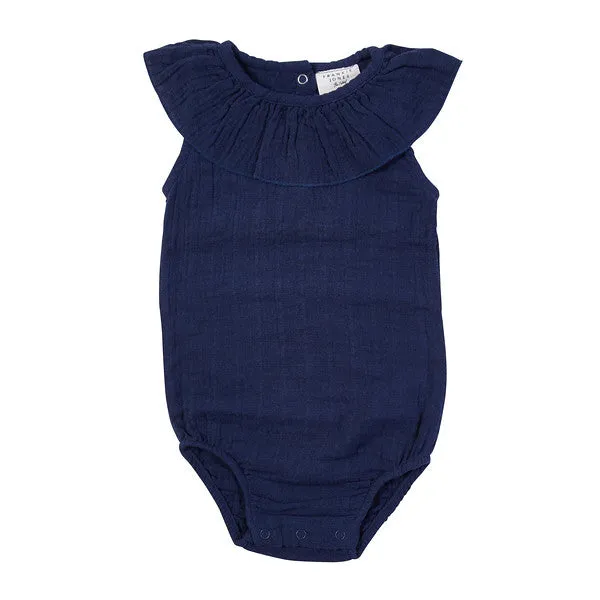 Bella Woven Frill Romper Navy