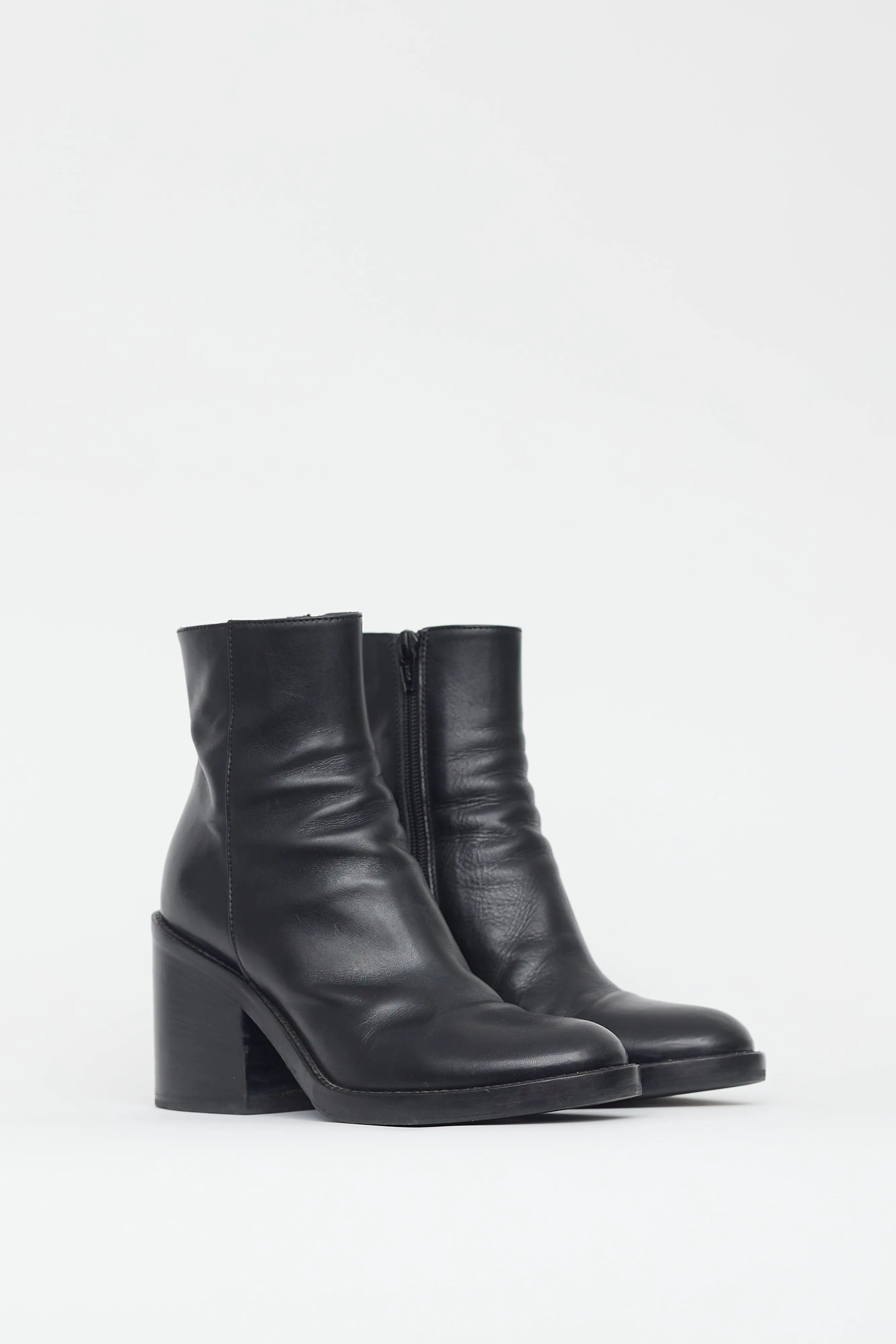 Black Leather Block Heel Boot