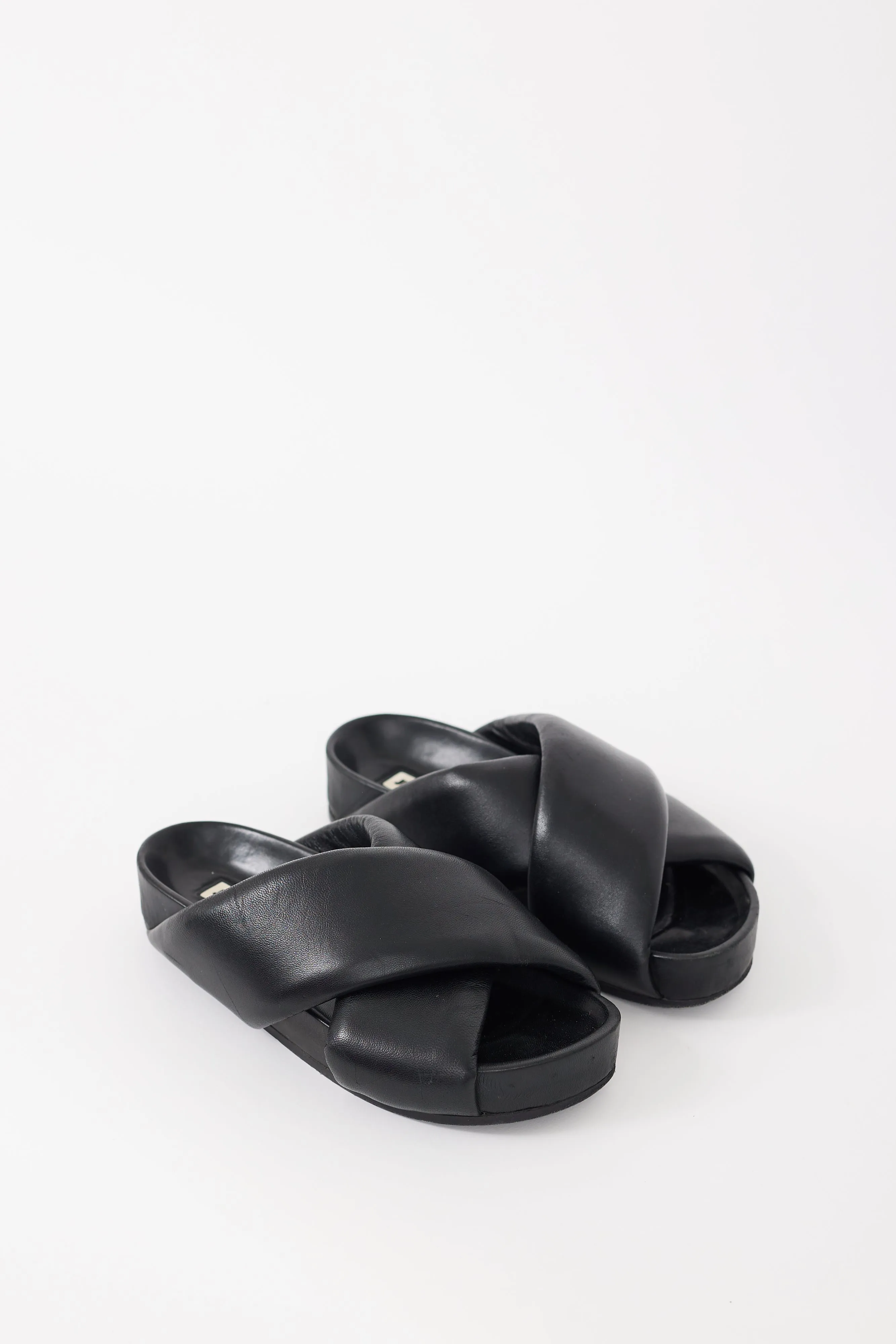 Black Padded Leather Platform Slide