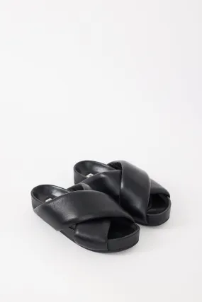 Black Padded Leather Platform Slide