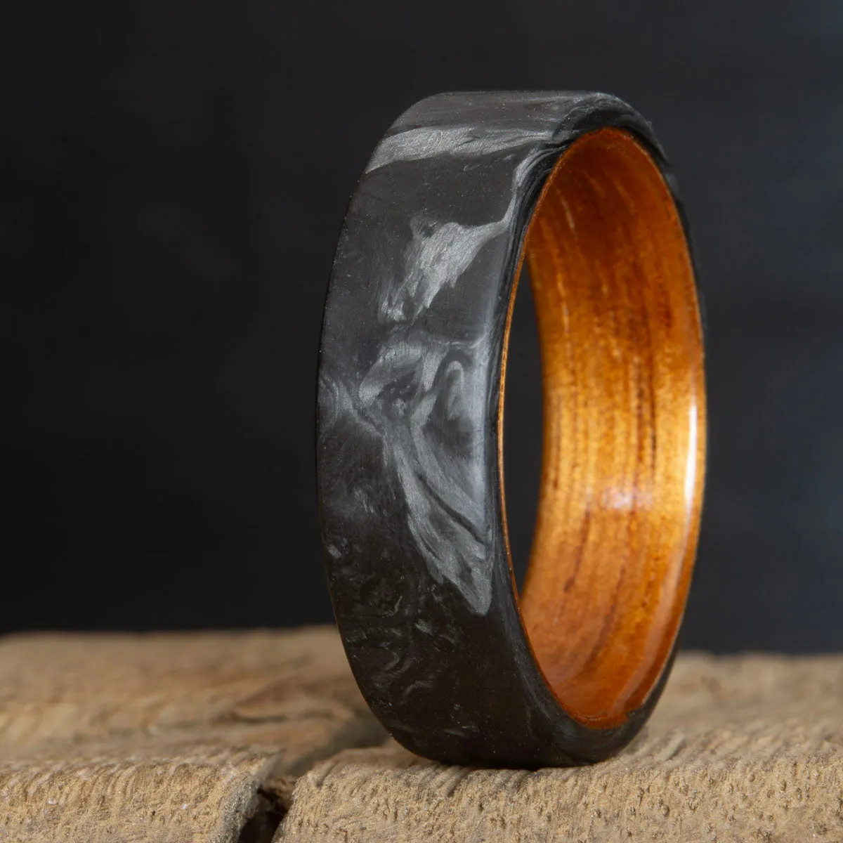 Forged carbon fiber ring with Hawaiian Koa wood insert