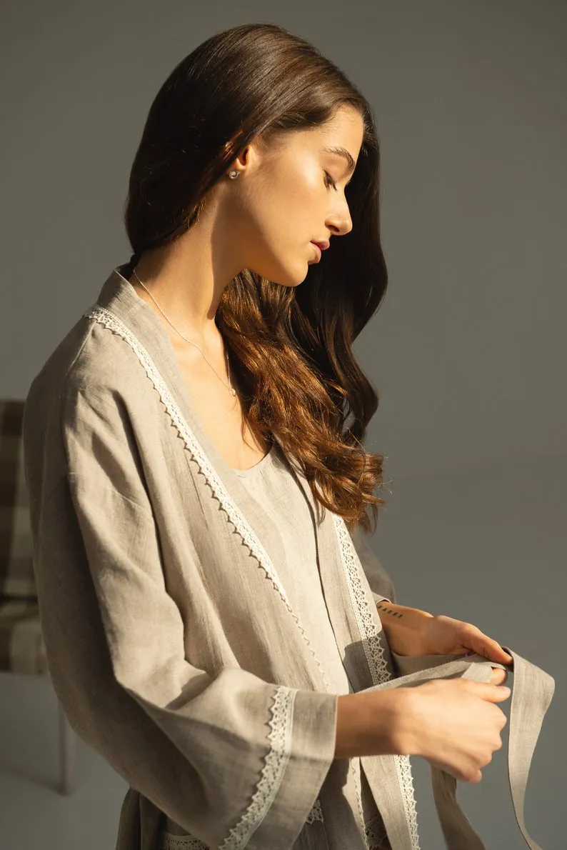Linen Bath Robe GENOVA with Lace