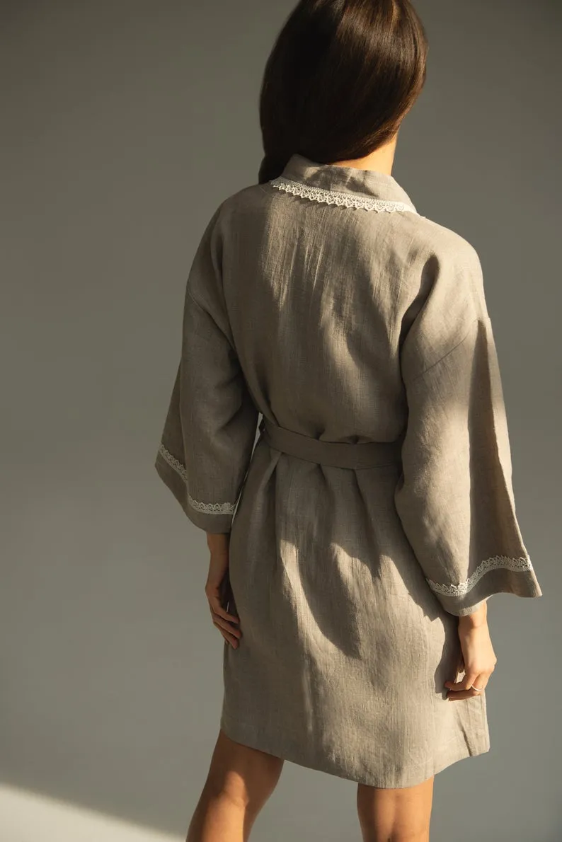 Linen Bath Robe GENOVA with Lace
