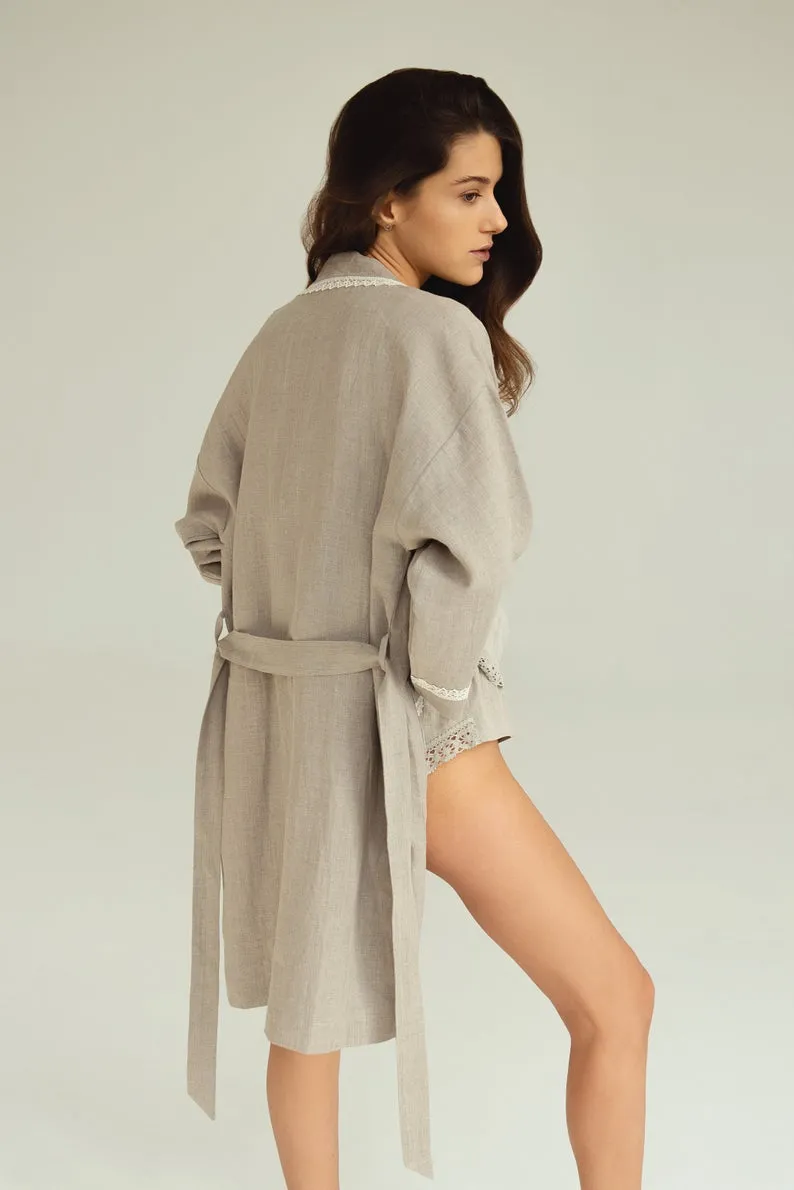 Linen Bath Robe GENOVA with Lace