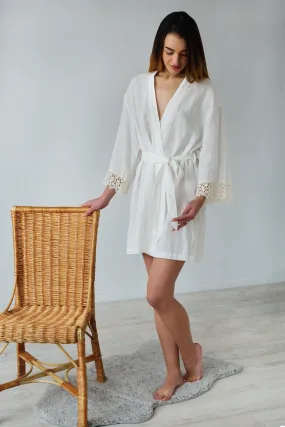 Linen Short Bath Robe ANGELE with Lace