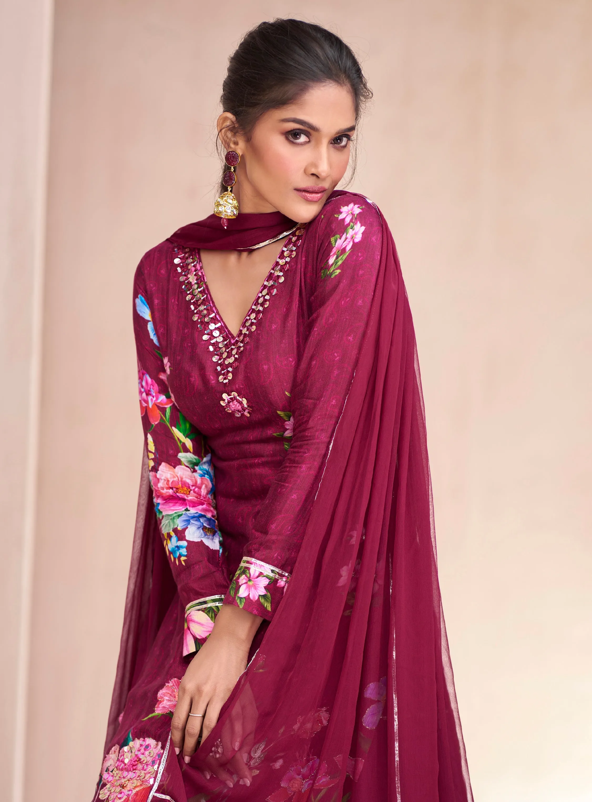 Maroon Muslin Anarkali Suit with Hand Embellishments for Festive Wear