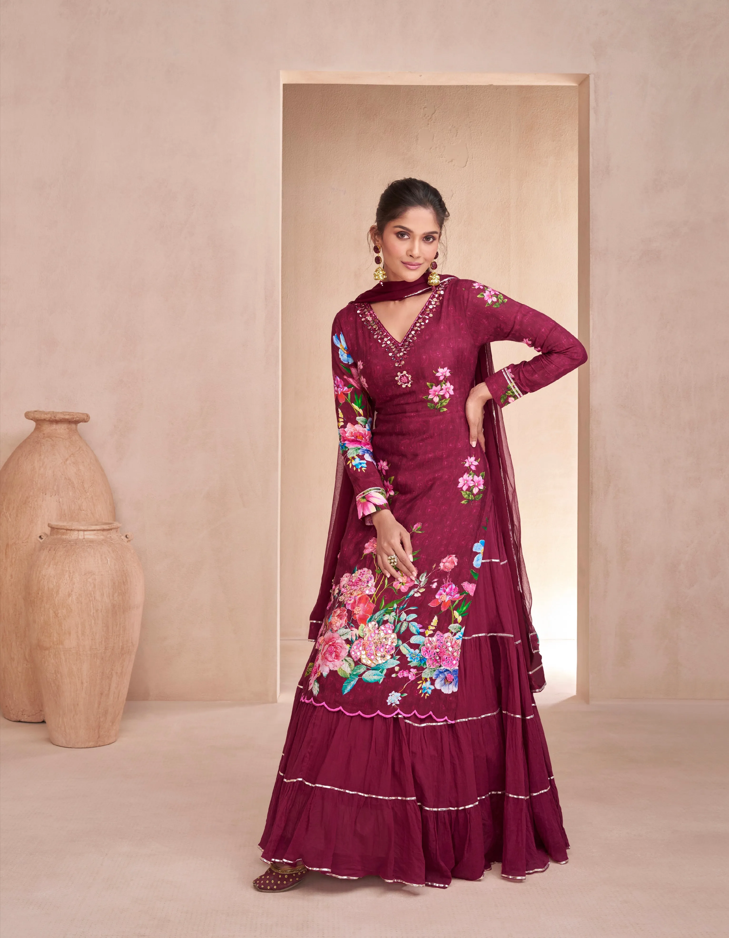 Maroon Muslin Anarkali Suit with Hand Embellishments for Festive Wear