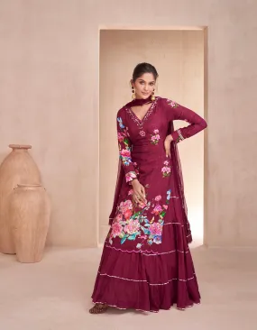 Maroon Muslin Anarkali Suit with Hand Embellishments for Festive Wear