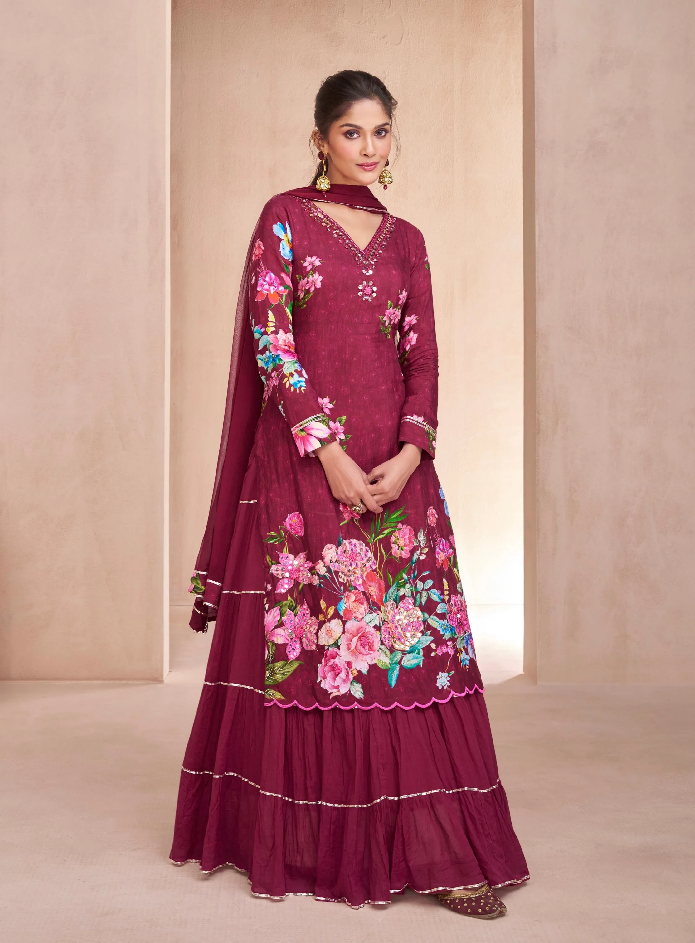 Maroon Muslin Anarkali Suit with Hand Embellishments for Festive Wear