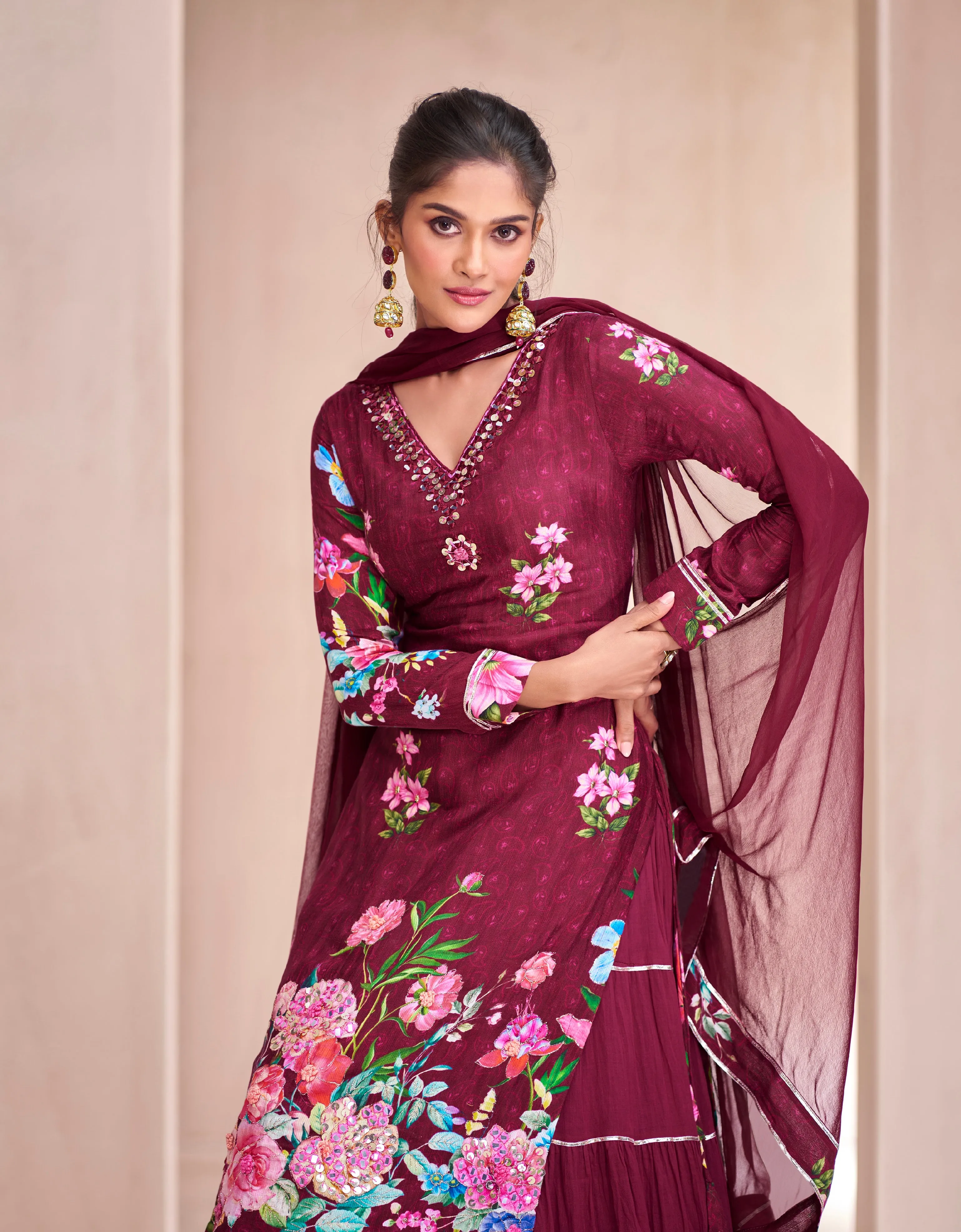 Maroon Muslin Anarkali Suit with Hand Embellishments for Festive Wear
