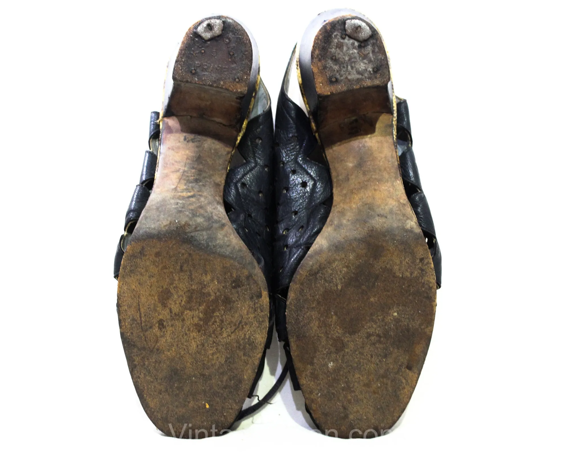 Size 8 1930s Shoe - As Is 30s 40s Black Leather with Deco Cutout Dots & Zig Zag - Lace Up with Faux Snake Tassels - 8AAA Narrow Peep Toe