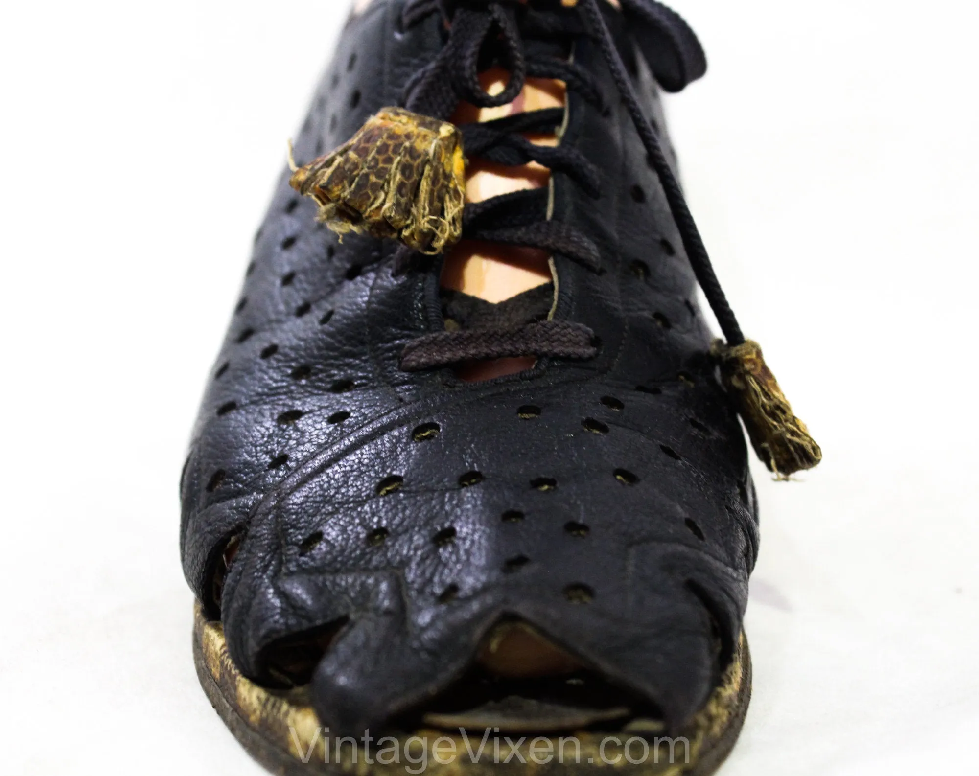 Size 8 1930s Shoe - As Is 30s 40s Black Leather with Deco Cutout Dots & Zig Zag - Lace Up with Faux Snake Tassels - 8AAA Narrow Peep Toe