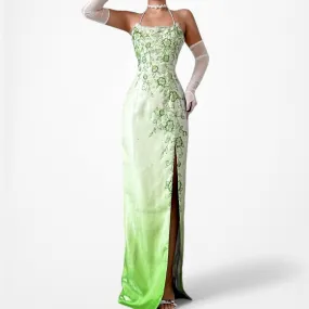 Vintage Green Satin Ombre Floral Beaded Side Slit Formal Prom Dress Size XS/S
